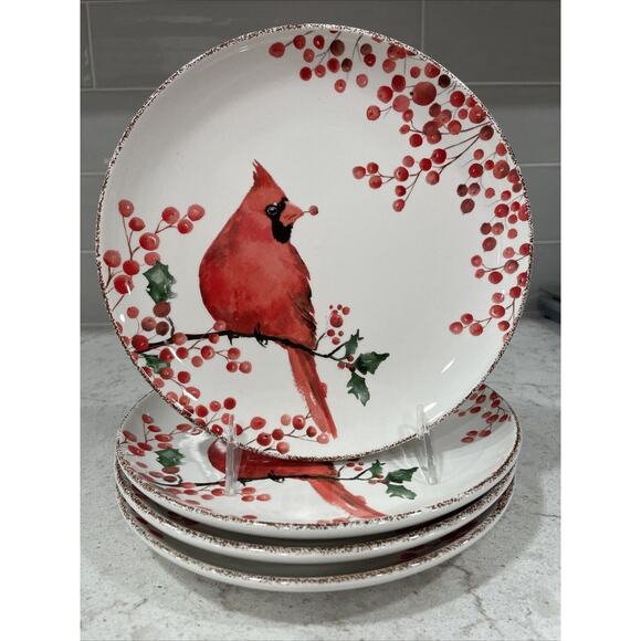 Set 4 CHRISTMAS HOLLYBERRY & CARDINAL 8.5” Ceramic Salad Plates Potter's Studio - Picture 1 of 4